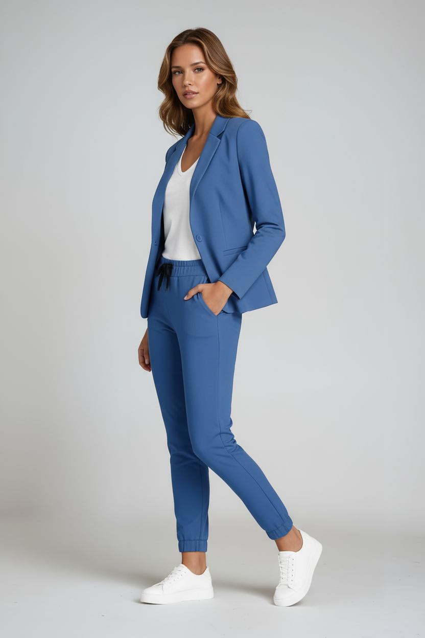 Damesblazerset, tweedelig — getailleerde blazer en linnen pantalon