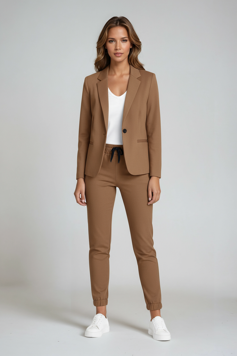 Damesblazerset, tweedelig — getailleerde blazer en linnen pantalon