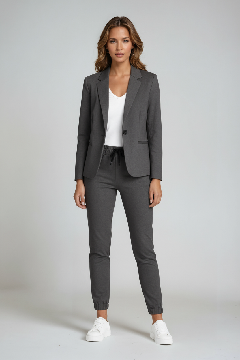 Damesblazerset, tweedelig — getailleerde blazer en linnen pantalon