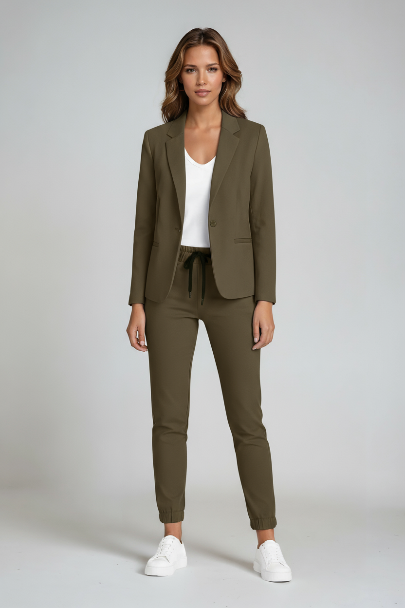 Damesblazerset, tweedelig — getailleerde blazer en linnen pantalon