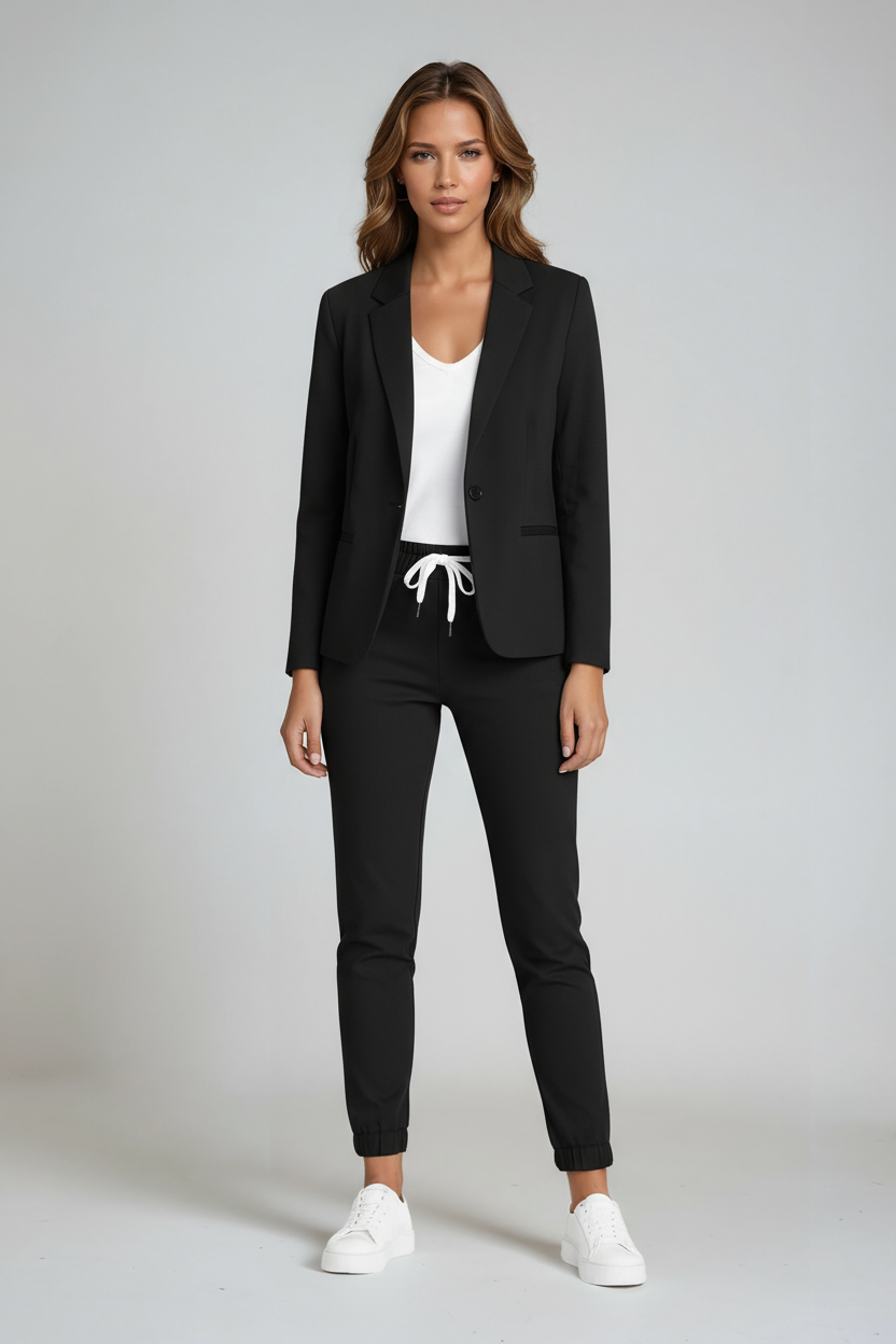 Damesblazerset, tweedelig — getailleerde blazer en linnen pantalon