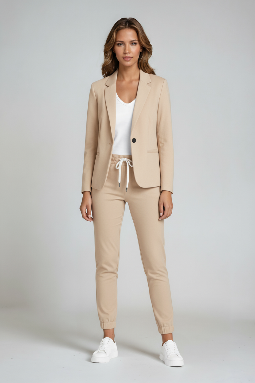 Damesblazerset, tweedelig — getailleerde blazer en linnen pantalon