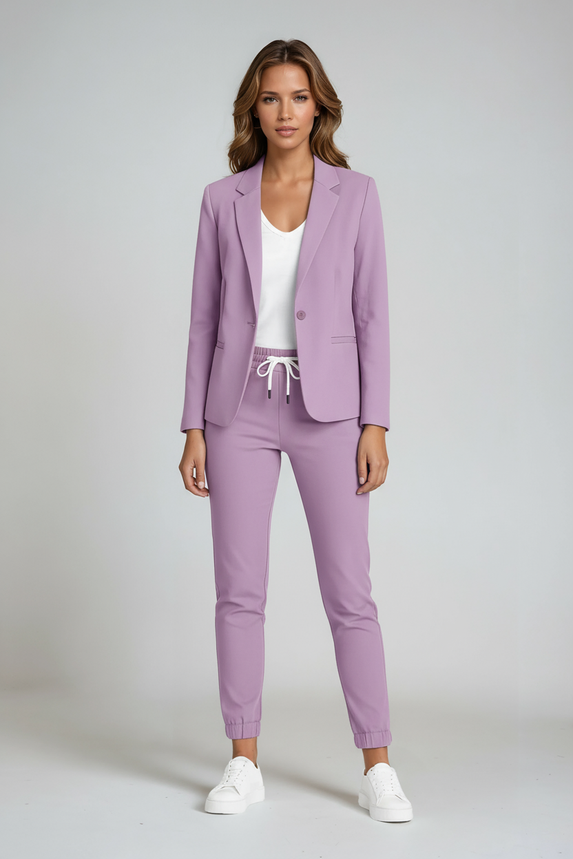 Damesblazerset, tweedelig — getailleerde blazer en linnen pantalon