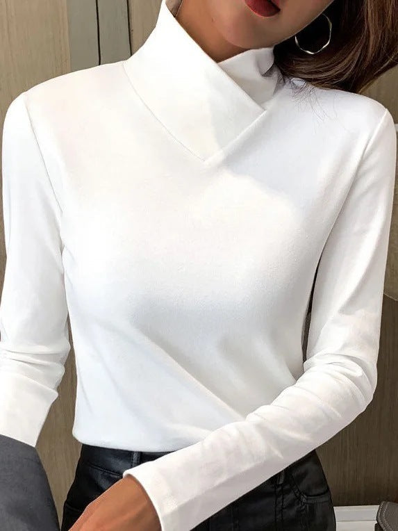 Dames coltrui met lange mouwen — slim fit met omgeslagen kraag van katoenmix