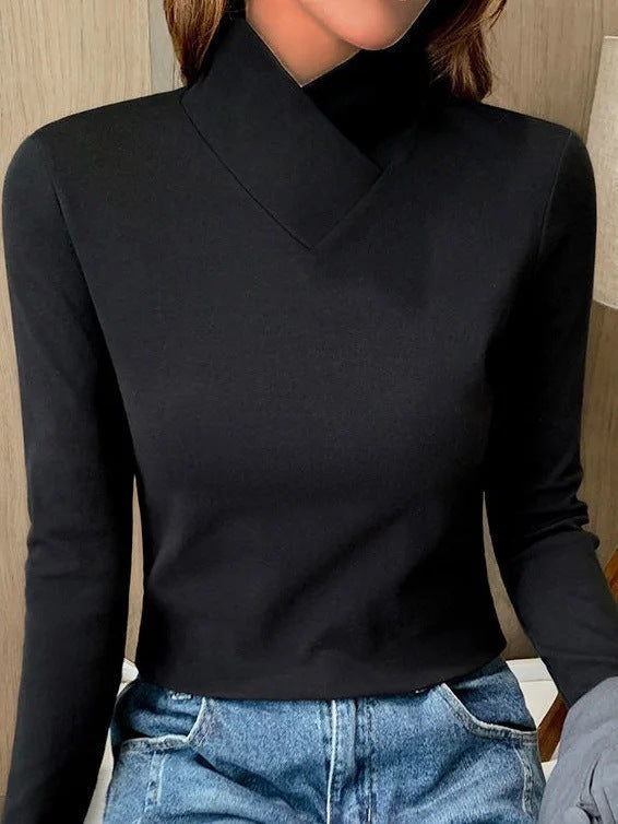 Dames coltrui met lange mouwen — slim fit met omgeslagen kraag van katoenmix