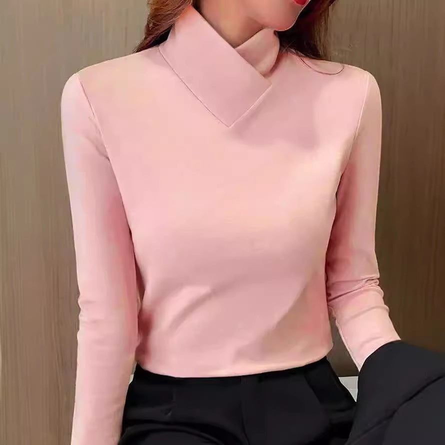 Dames coltrui met lange mouwen — slim fit met omgeslagen kraag van katoenmix