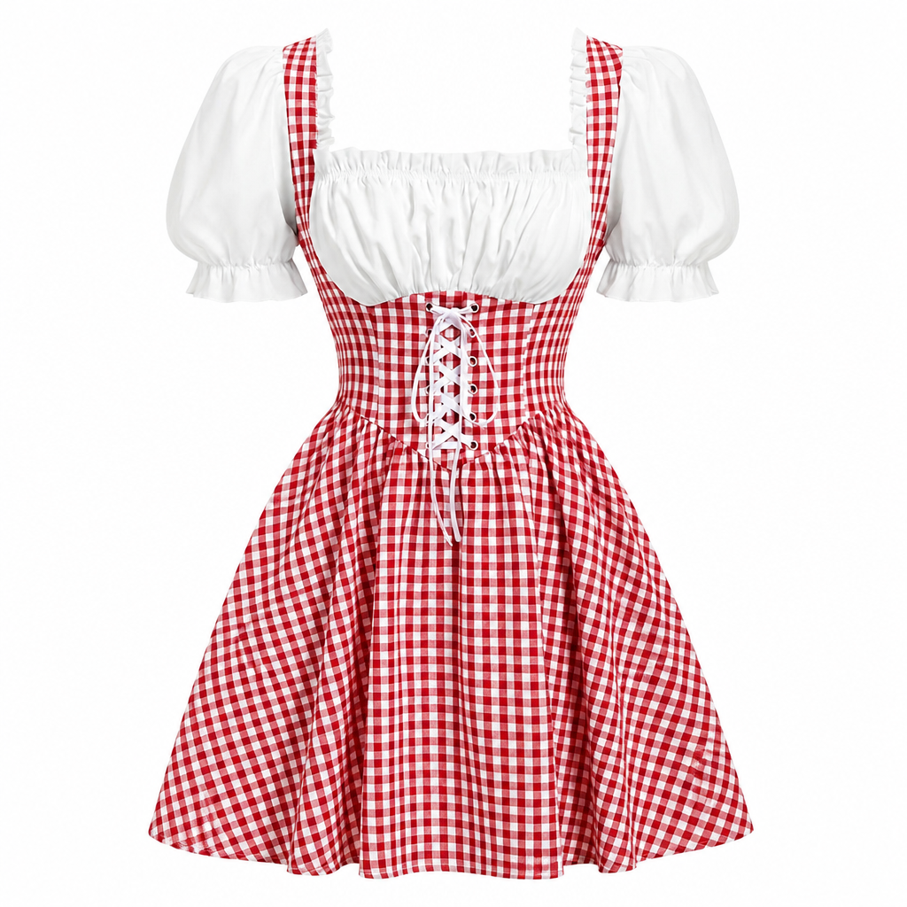 Geruite dirndl voor dames — Oktoberfestjurk met pofmouwen en strikdetails
