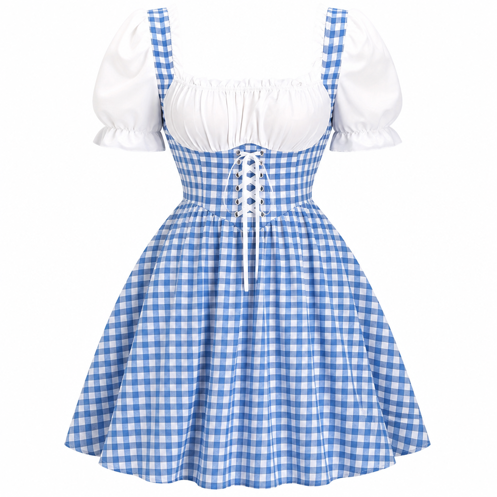 Geruite dirndl voor dames — Oktoberfestjurk met pofmouwen en strikdetails