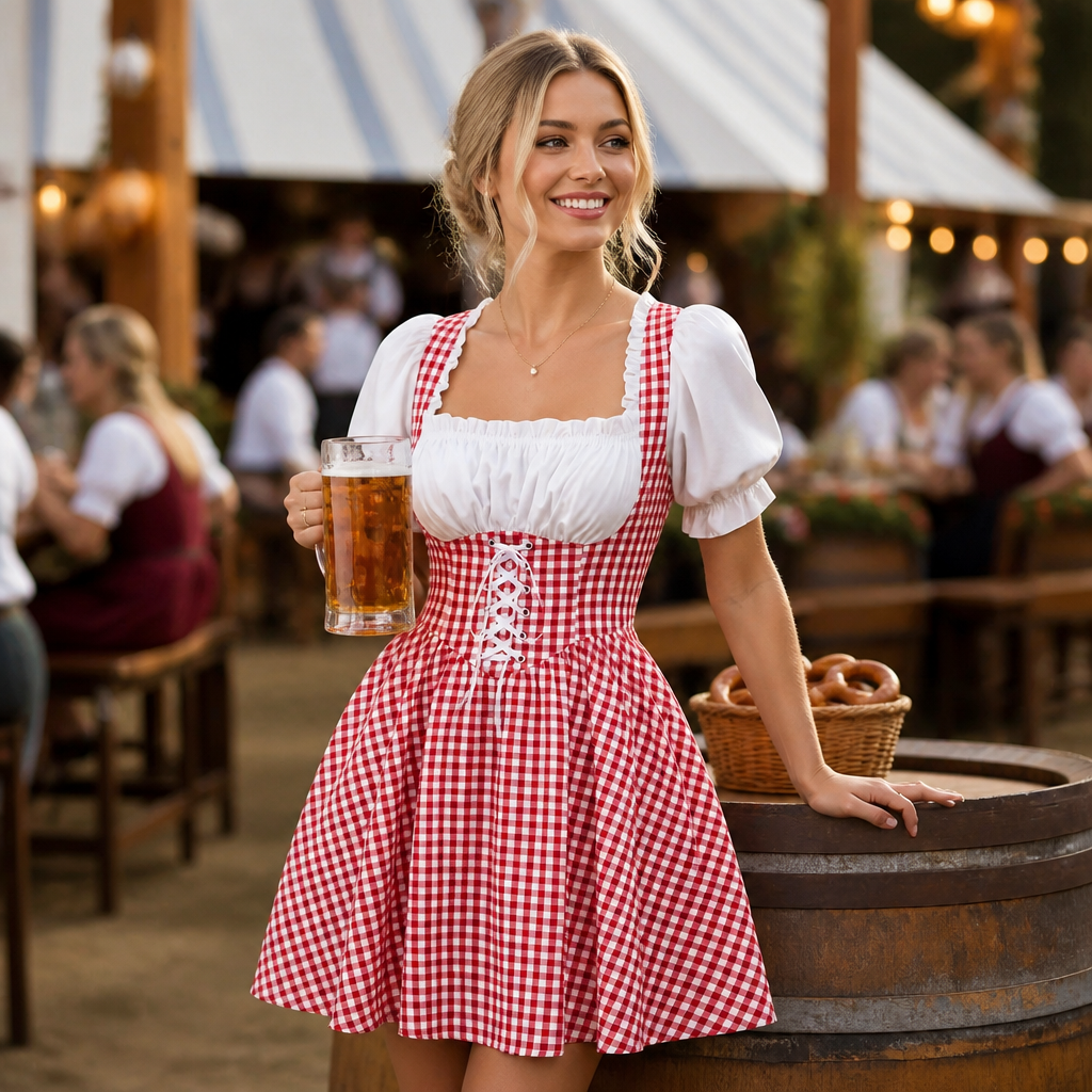 Geruite dirndl voor dames — Oktoberfestjurk met pofmouwen en strikdetails