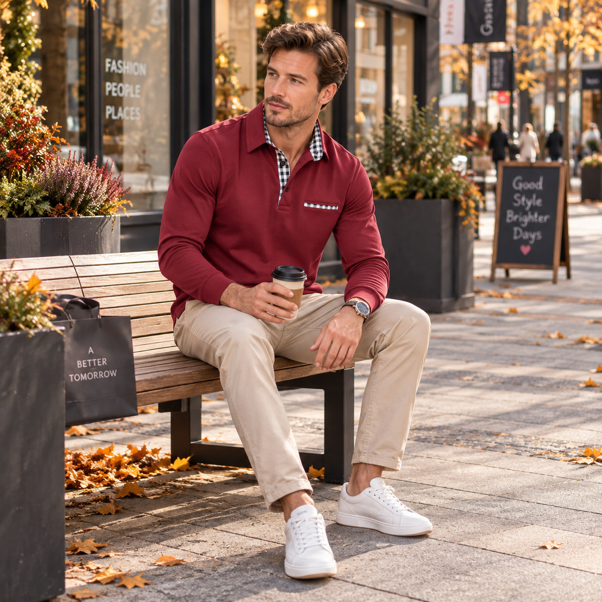 Heren piquéshirt met lange mouwen — klassiek wintermodel van katoen met kraag en knoopsluiting