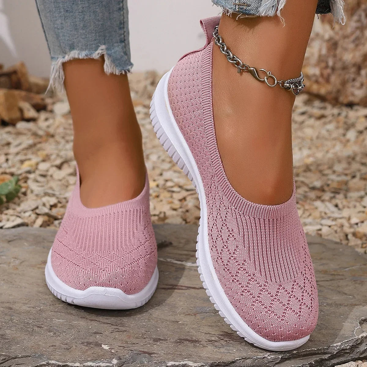 Dames slip-on schoenen — gebreid textiel met ronde neus en flexibele zool