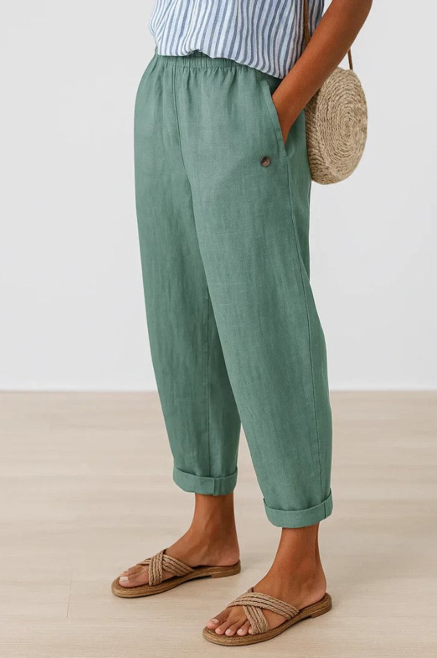Rechte damesbroek — casual katoenen broek met elastische taille