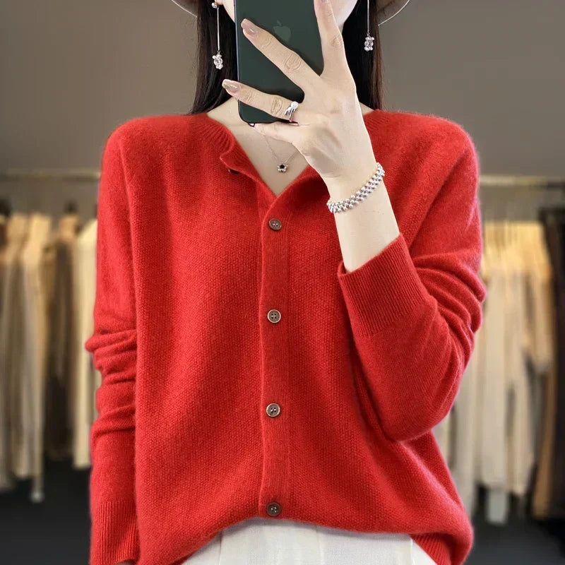Dames gebreid vest — met knoopsluiting, ronde hals en lange mouwen