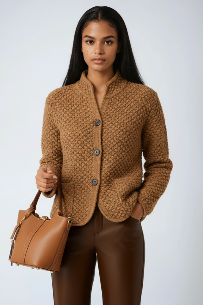 Dames gebreid vest — met knoopsluiting, opstaande kraag en zakken