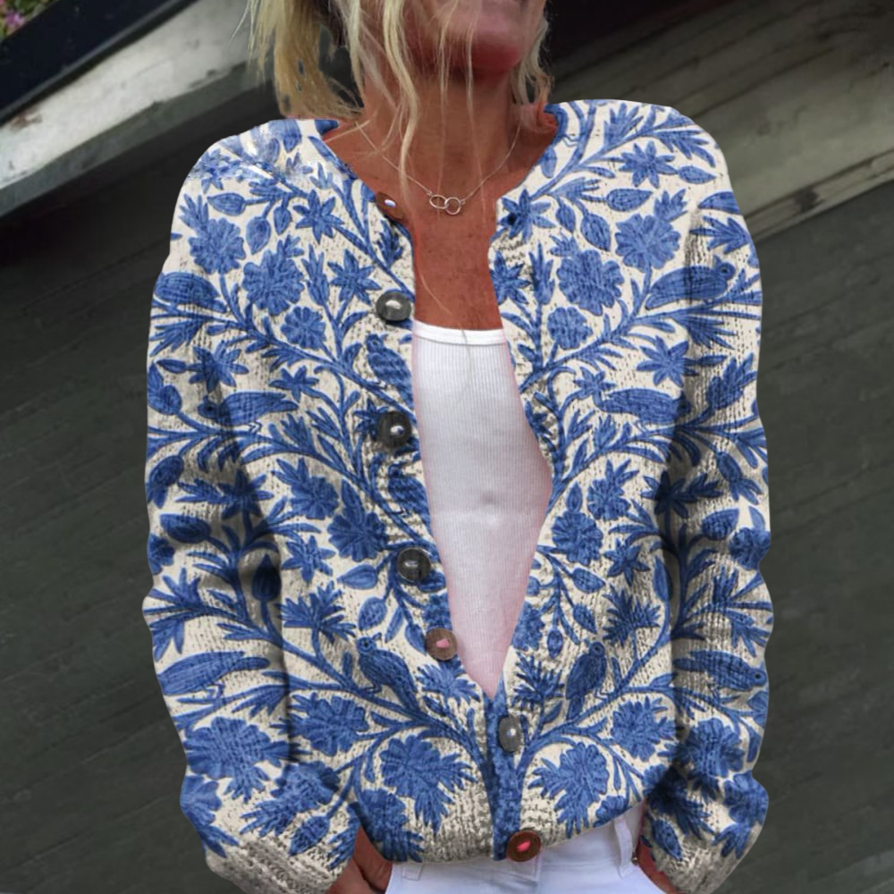 Dames gebreid vest met bloemenpatroon — cardigan van acryl met ronde hals