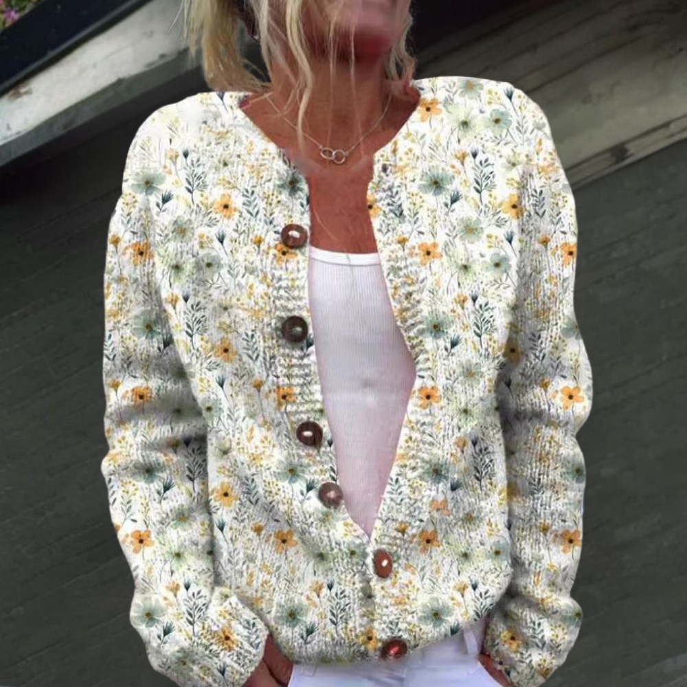 Dames gebreid vest met bloemenpatroon — cardigan van acryl met ronde hals