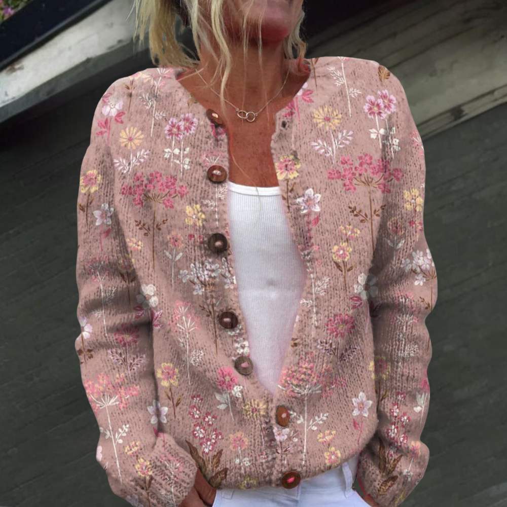 Dames gebreid vest met bloemenpatroon — cardigan van acryl met ronde hals