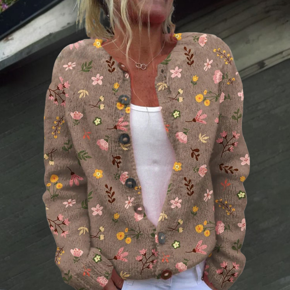 Dames gebreid vest met bloemenpatroon — cardigan van acryl met ronde hals