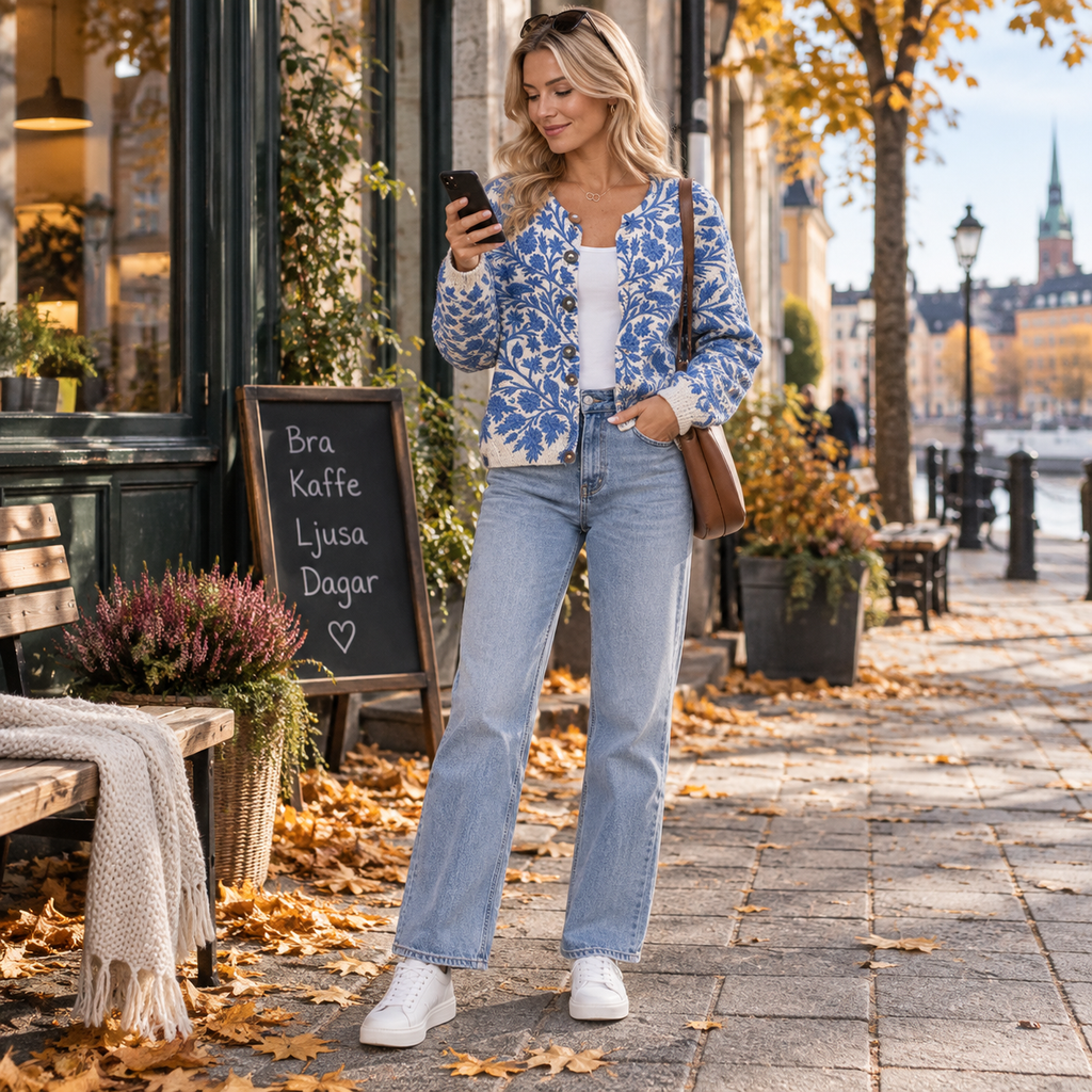 Dames gebreid vest met bloemenpatroon — cardigan van acryl met ronde hals