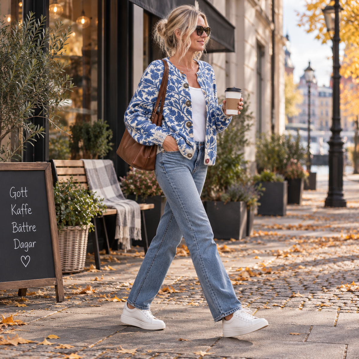 Dames gebreid vest met bloemenpatroon — cardigan van acryl met ronde hals