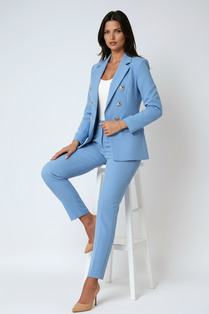 Damesblazerset, double-breasted — elegante blazer met rechte pantalon