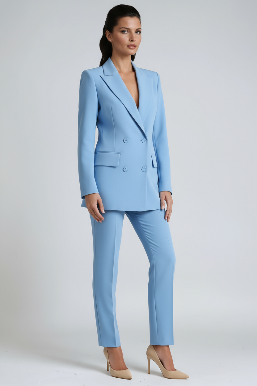 Damesblazerset, double-breasted — blazer met slim-fit pantalon van linnen