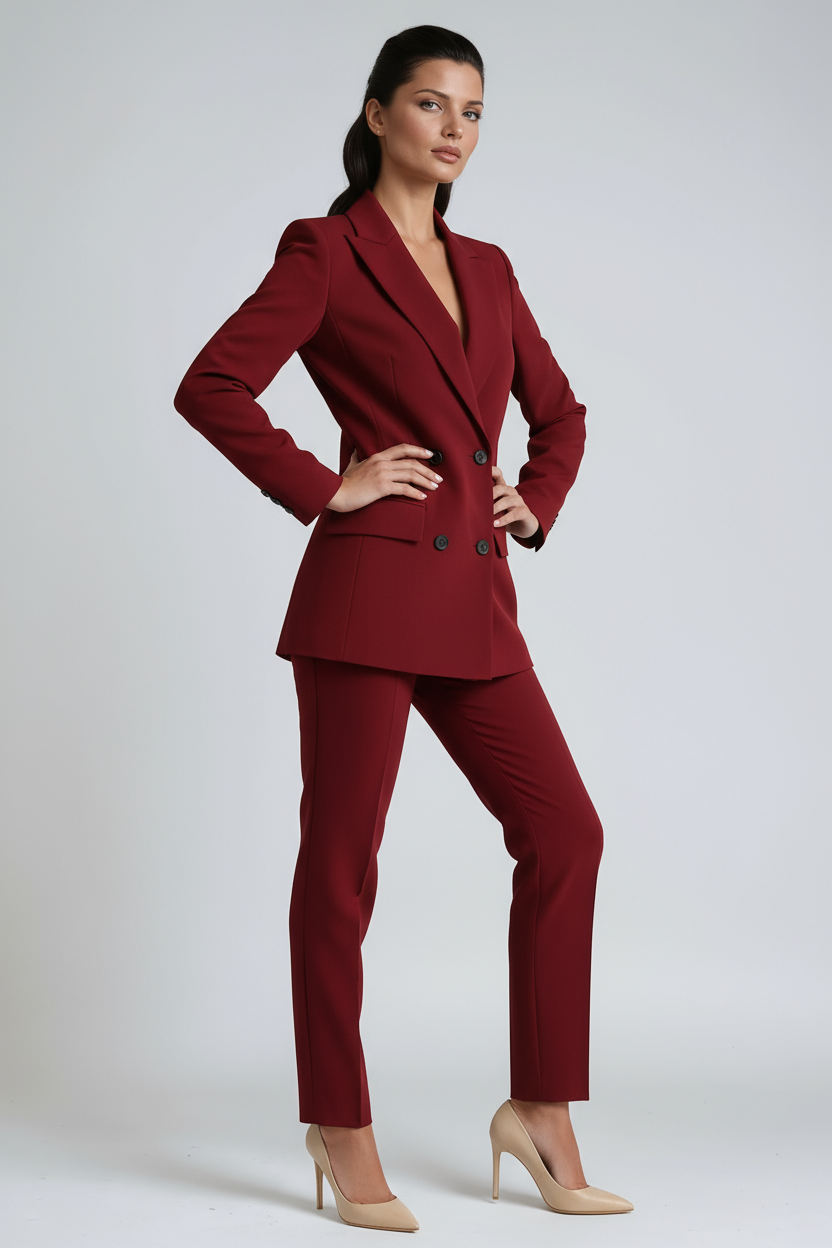 Damesblazerset, double-breasted — blazer met slim-fit pantalon van linnen