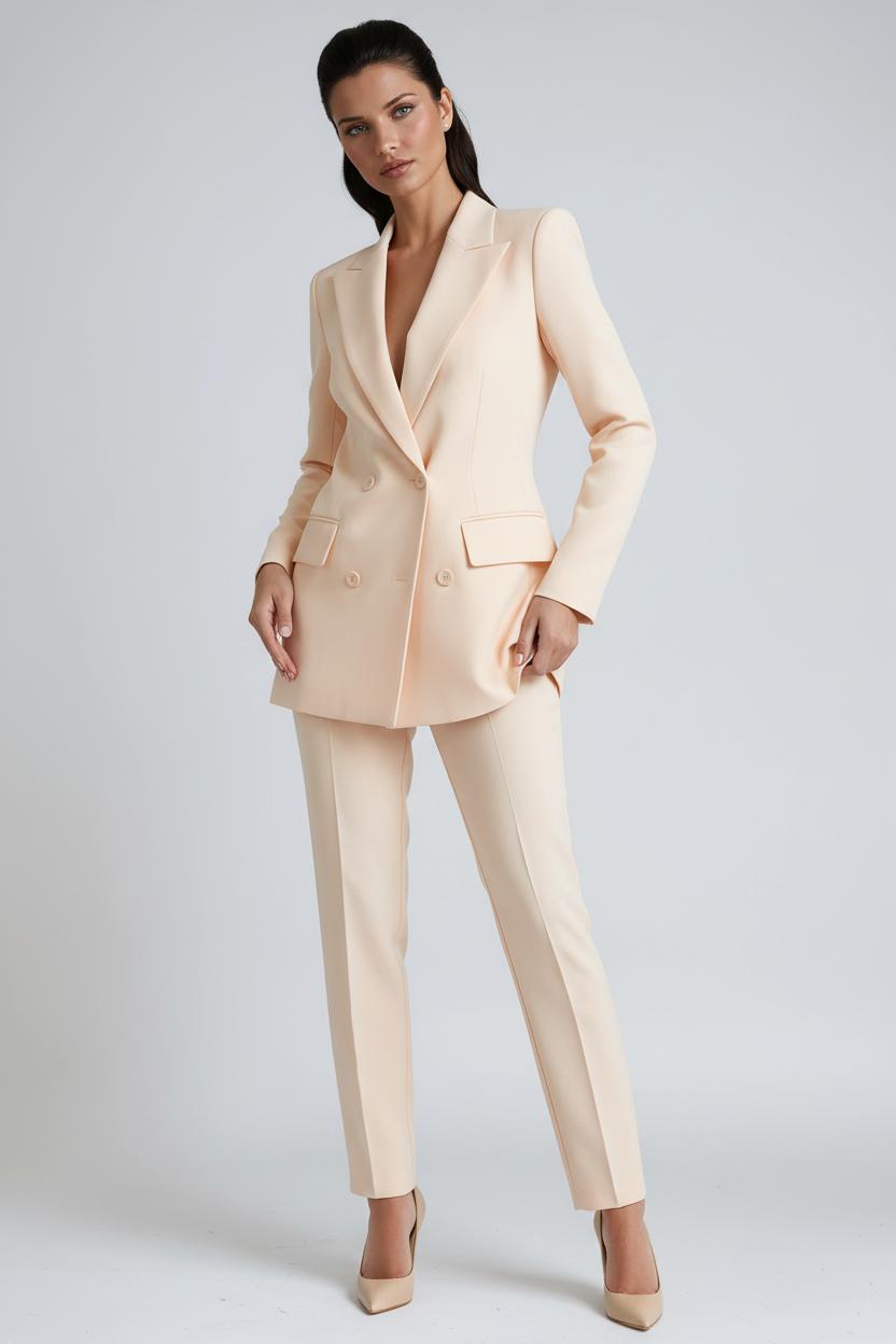 Damesblazerset, double-breasted — blazer met slim-fit pantalon van linnen