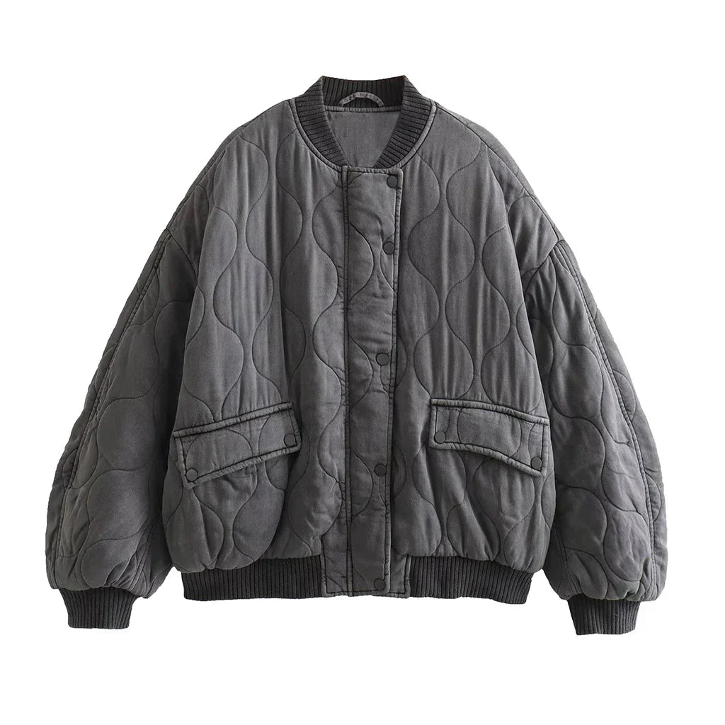 Dames bomberjack, gewatteerd — grijs oversized model met ritssluiting