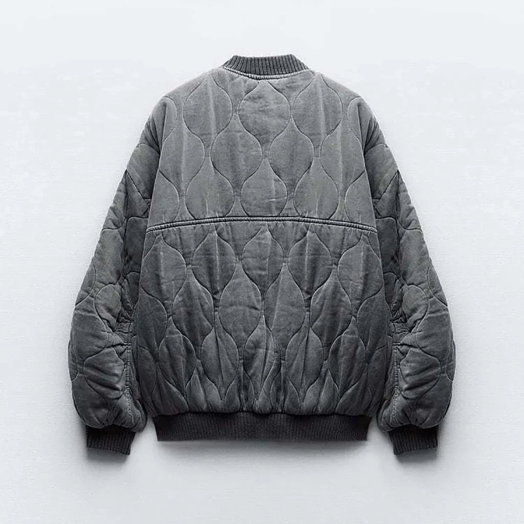 Dames bomberjack, gewatteerd — grijs oversized model met ritssluiting