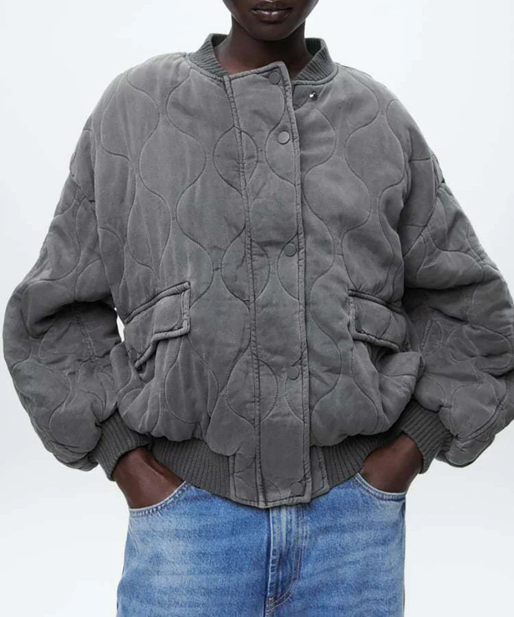 Dames bomberjack, gewatteerd — grijs oversized model met ritssluiting