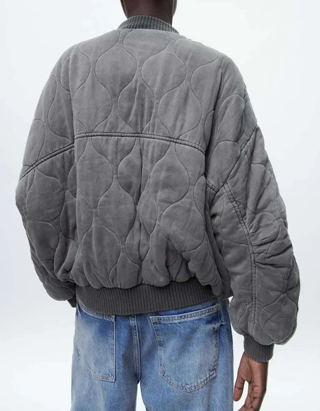 Dames bomberjack, gewatteerd — grijs oversized model met ritssluiting