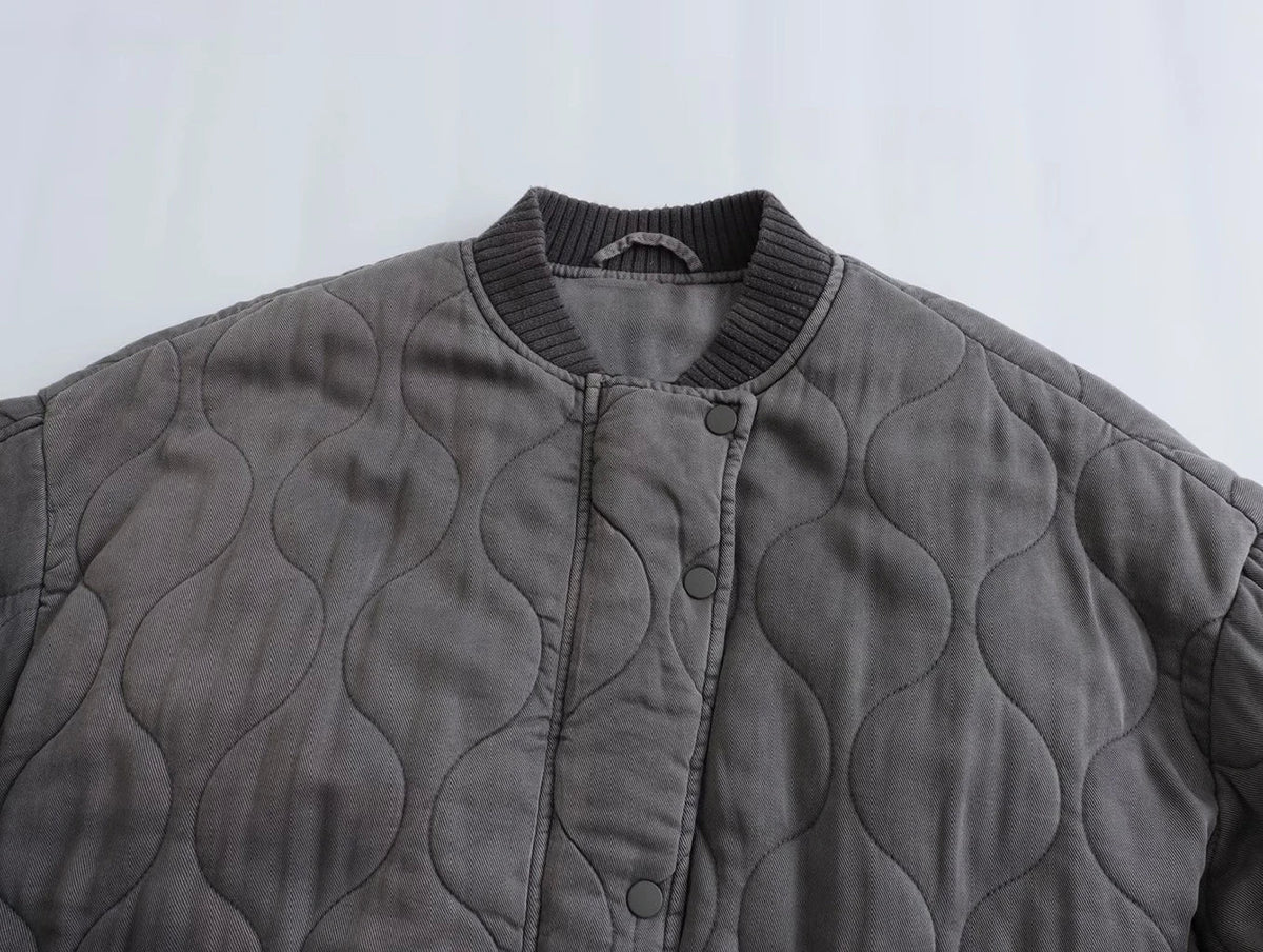 Dames bomberjack, gewatteerd — grijs oversized model met ritssluiting