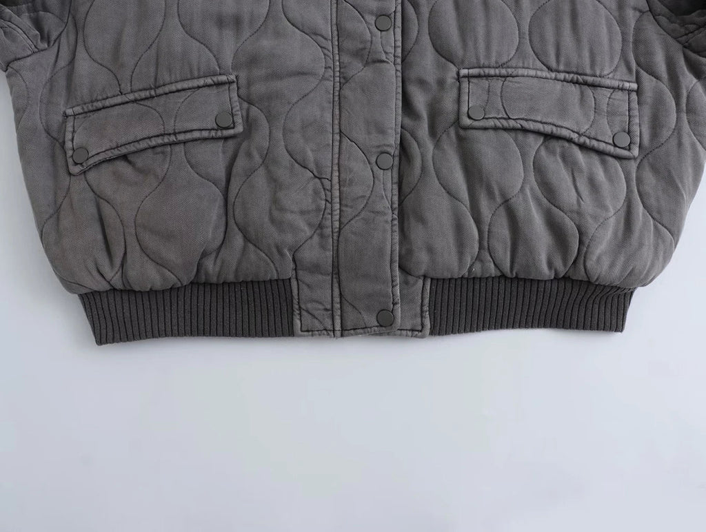 Dames bomberjack, gewatteerd — grijs oversized model met ritssluiting