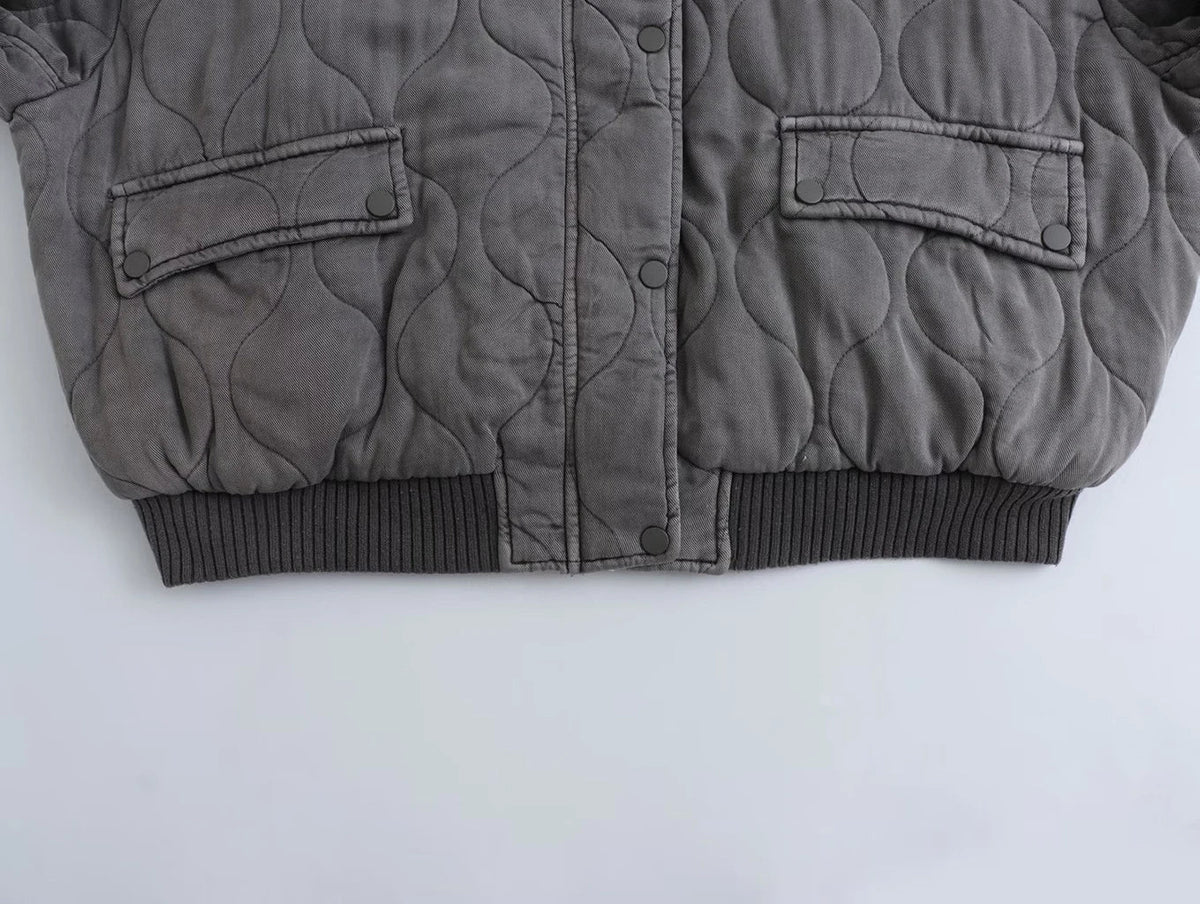 Dames bomberjack, gewatteerd — grijs oversized model met ritssluiting