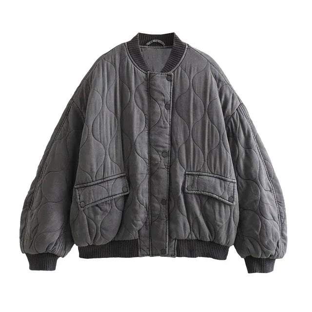 Dames bomberjack, gewatteerd — grijs oversized model met ritssluiting