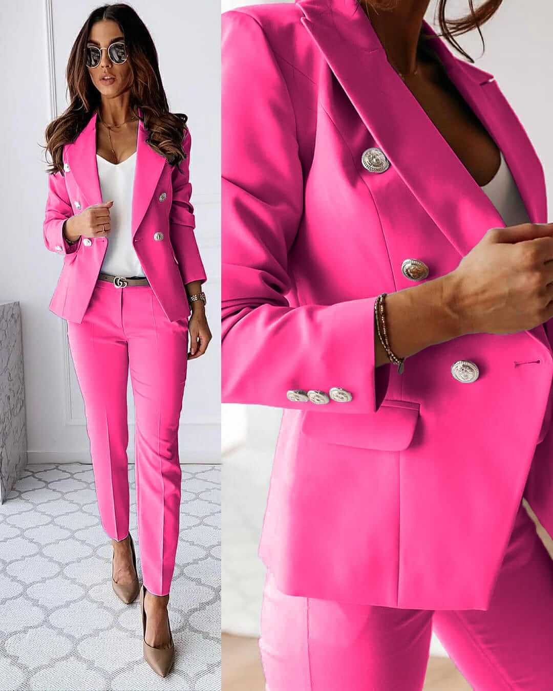 Dames pak — elegante linnen blazer en pantalon met getailleerde pasvorm