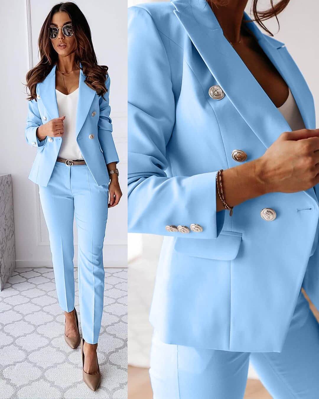 Dames pak — elegante linnen blazer en pantalon met getailleerde pasvorm