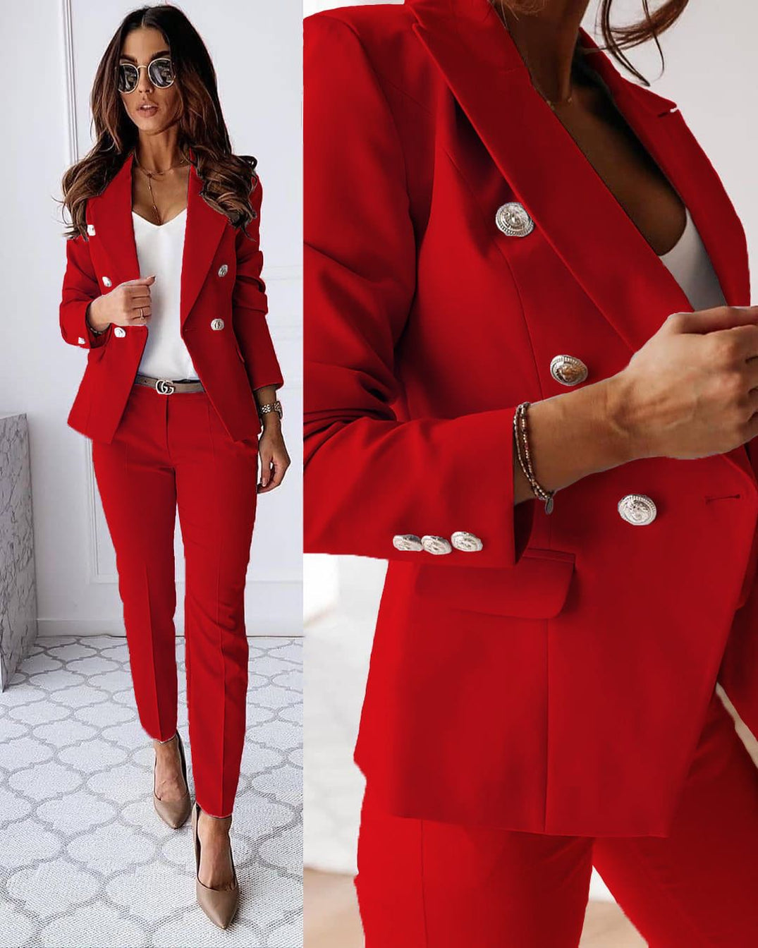 Dames pak — elegante linnen blazer en pantalon met getailleerde pasvorm