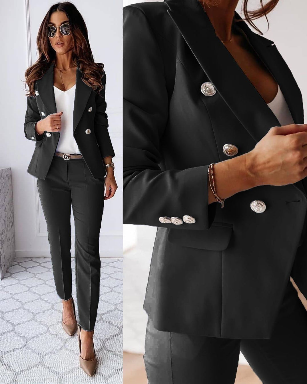 Dames pak — elegante linnen blazer en pantalon met getailleerde pasvorm