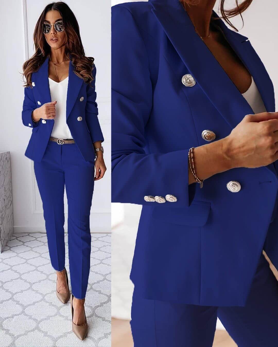 Dames pak — elegante linnen blazer en pantalon met getailleerde pasvorm