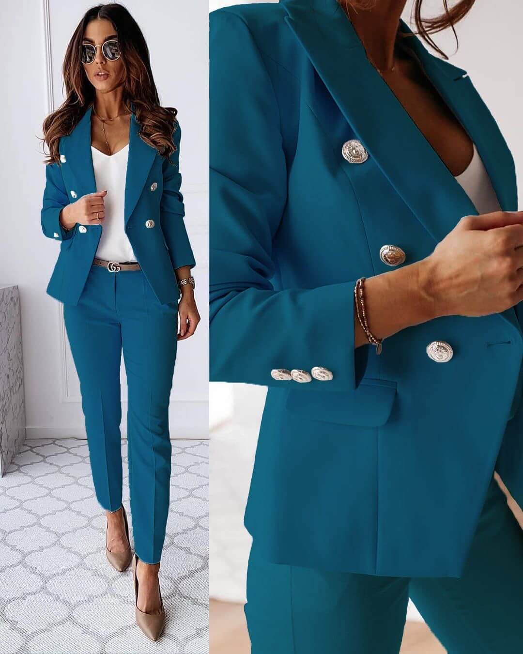 Dames pak — elegante linnen blazer en pantalon met getailleerde pasvorm