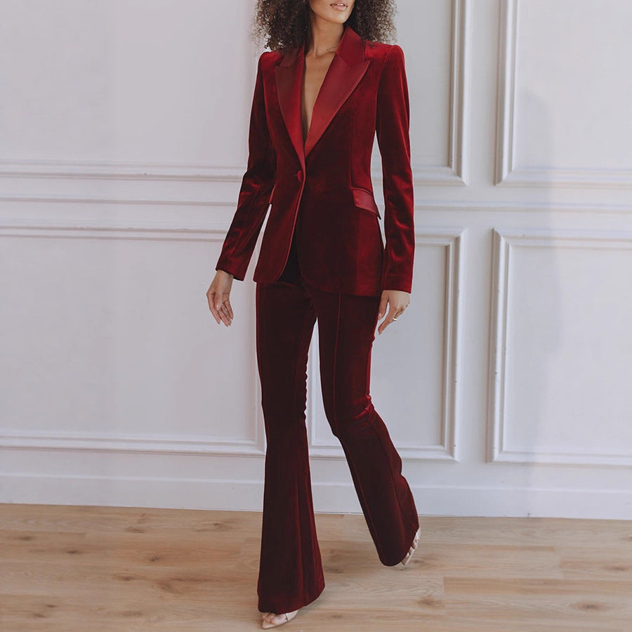 Damesblazerset van linnenmix — blazer en uitlopende pantalon voor werk en feest