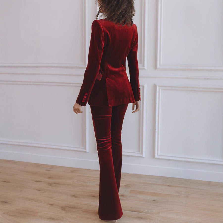 Damesblazerset van linnenmix — blazer en uitlopende pantalon voor werk en feest