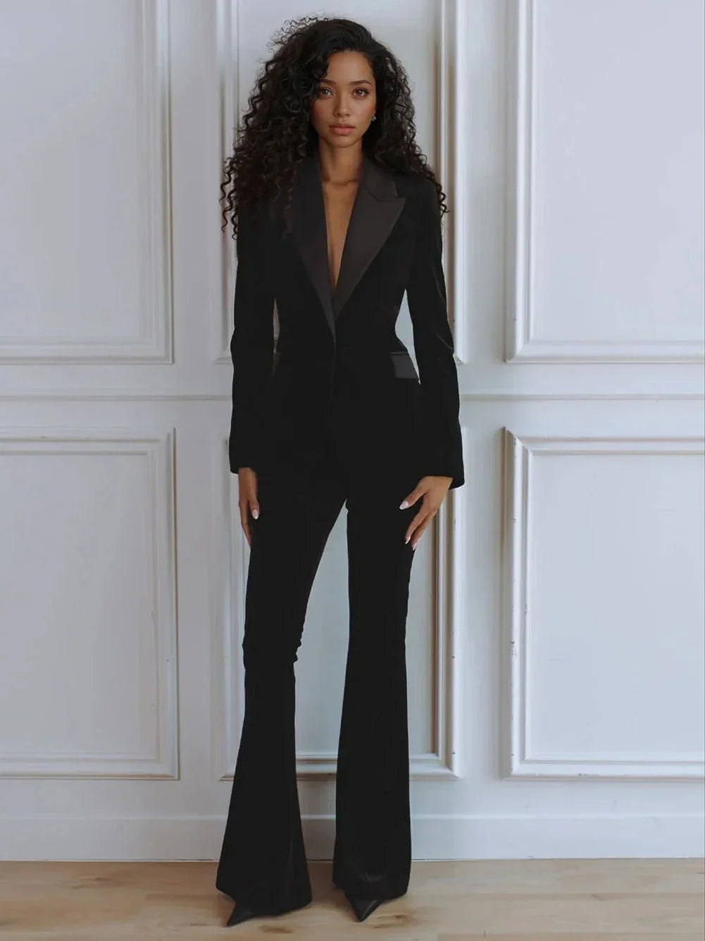 Damesblazerset van linnenmix — blazer en uitlopende pantalon voor werk en feest