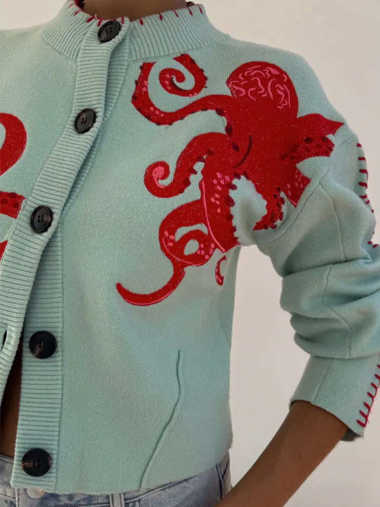 Dames gebreid vest — met knopen, octopusmotief en ronde hals