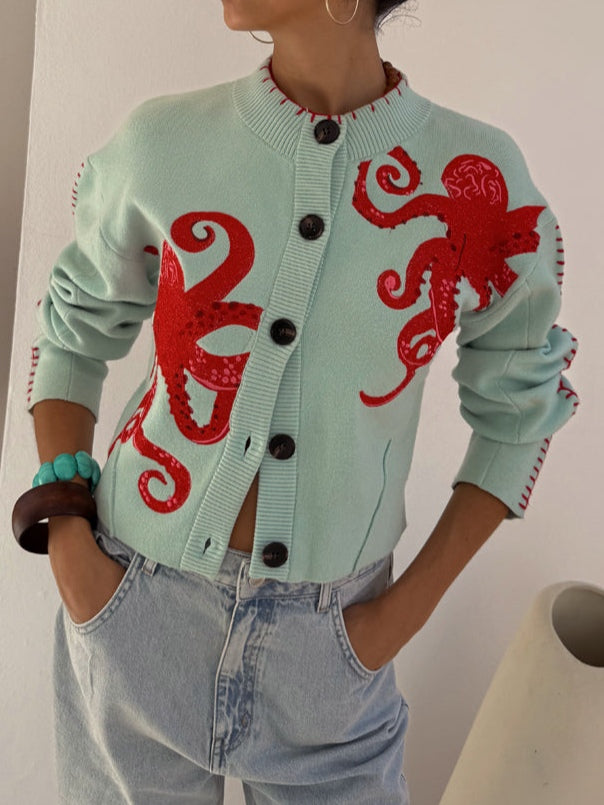 Dames gebreid vest — met knopen, octopusmotief en ronde hals
