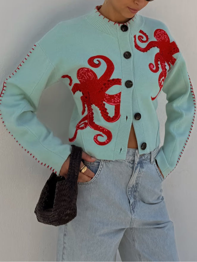Dames gebreid vest — met knopen, octopusmotief en ronde hals