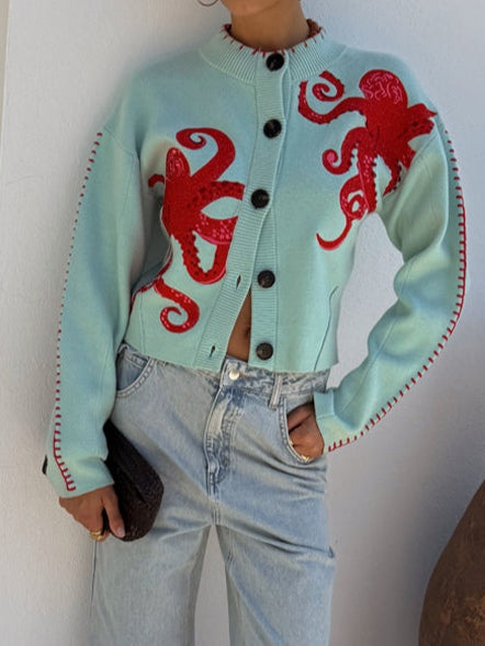 Dames gebreid vest — met knopen, octopusmotief en ronde hals