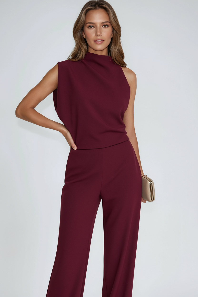 Damesjumpsuit, one-shoulder — elegante jumpsuit met wijde pijpen